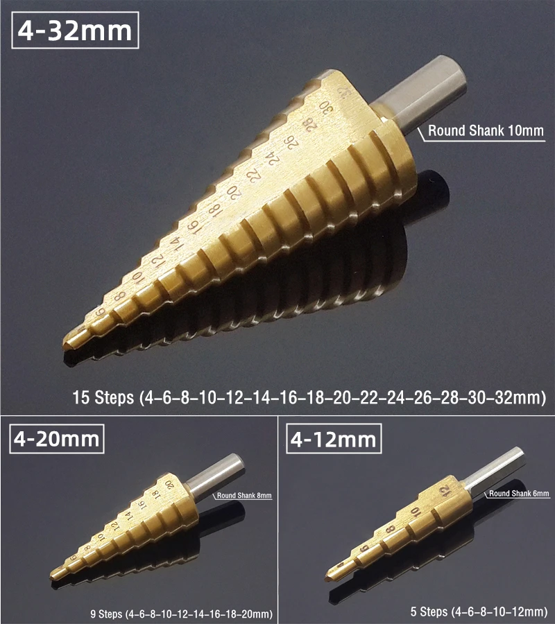 Step Drill Bit Saw Drill Bit Set Titanium 4-12 4-20 4-32mm Wood Metal Hole Cutter Cone Drills Drilling Tool 3 6 8mm Twist