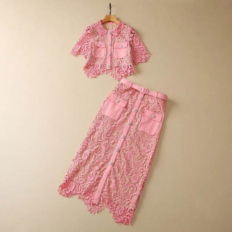 

European and American women's clothes 2023 summer new Short-sleeved hollowed out shirt pink Belted skirt Fashion suit