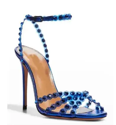 Summer PVC Bling Crystal Rhinestone 10 CM Thin Heels Sandals Woman Ankle Buckle Strap Slingback Party Shoes women slingback sandals women high heels shoes