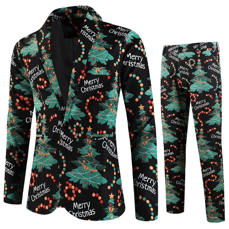 Men's Christmas Suits 2 Pieces Blazers and Trousers Santa Claus Print Slim Fit Men Suit Sets New Year Party Stage Mens Clothing