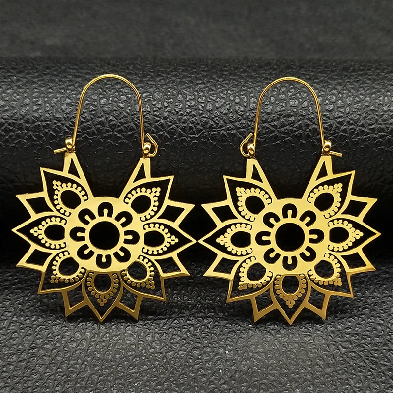 Trendy Yoga Lotus Flower Earrings Stainless Steel Gold Color Hoop Earrings for Women Jewelry boucles d'oreilles E9360S01 - Image 2