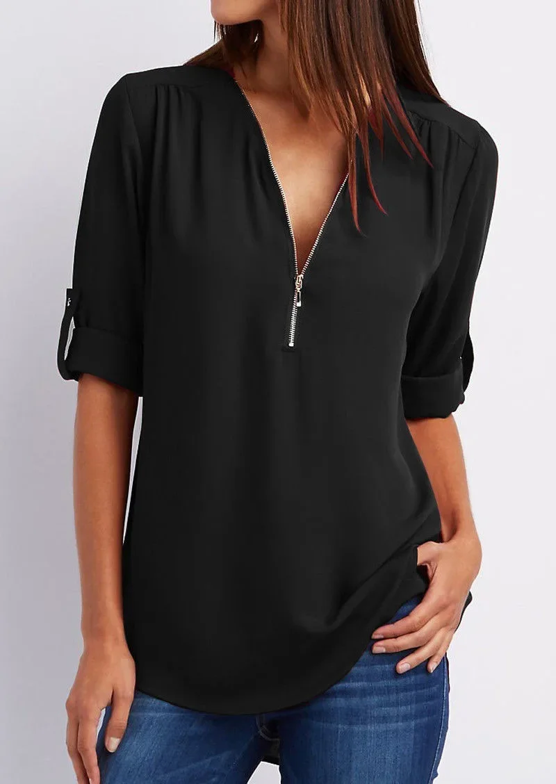 Chemisier en mousseline de soie à col en V profond pour femmes, chemise Cool At, pull à fermeture éclair, manches longues, grande taille, mode décontractée pour dames, été