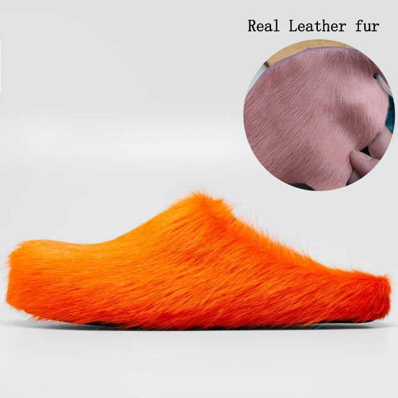 

2023 Women & Men's Fur Horse Hair Slippers Leisure Vacation Shoes Flat Bottomed Thick Soled Leisure Outdoor Mule Shoes