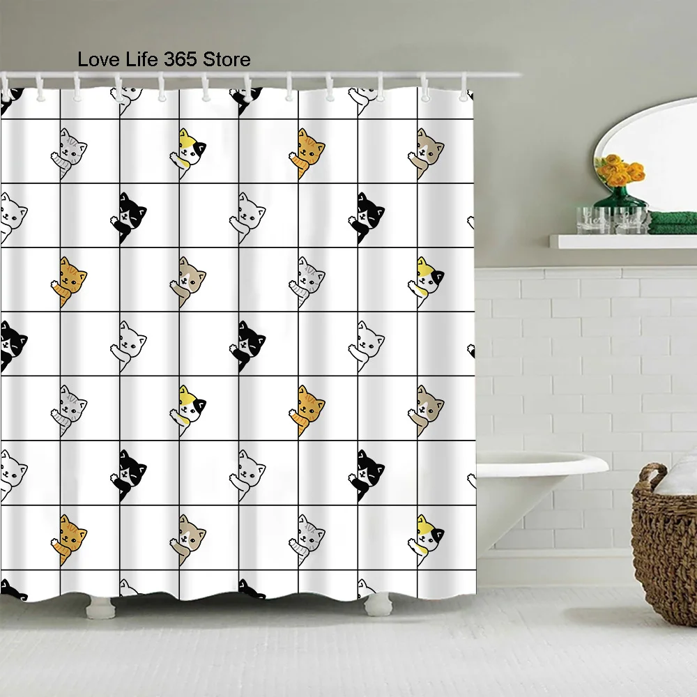 Puppy Cat Cute Cartoon Shower Curtains Washable Fabric Polyester For Bathtub Art Bathroom Decor Partition With Hooks Waterproof 3