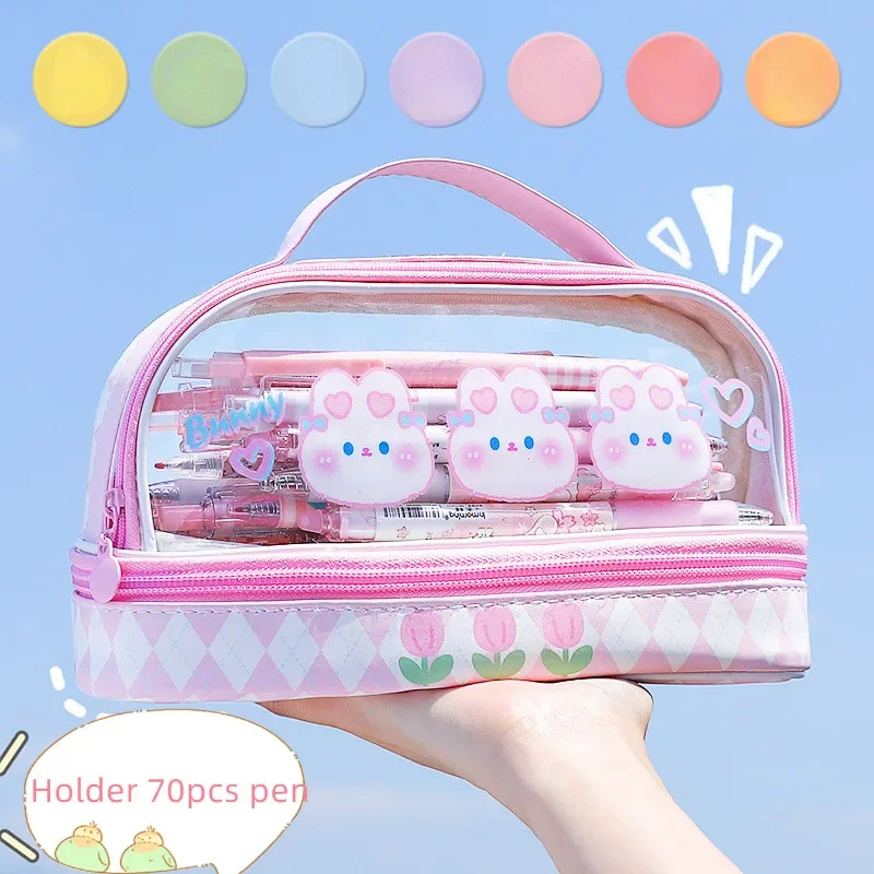 Jstel Federmäppchen Pink Mit Bunny & Totenkopf-Muster – Große Stiftetasche Für Schule, Kosmetik Oder Reise