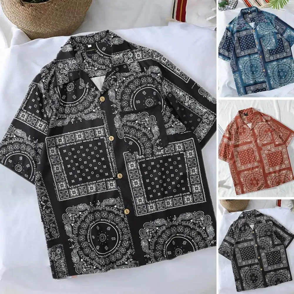 

Summer Hawaiian Bandana Shirt Men Short Sleeve Turn-down Collar Vintage Style Soft Fabric Loose Type Summer Tops Daily Clothes