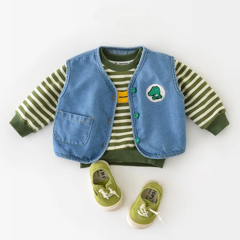 

Toddler Kids Washed Cotton Denim Waistcoat Autumn Baby Unsiex Cartoon Dinosaur Embroidery Sleeveless Cardigan Vest