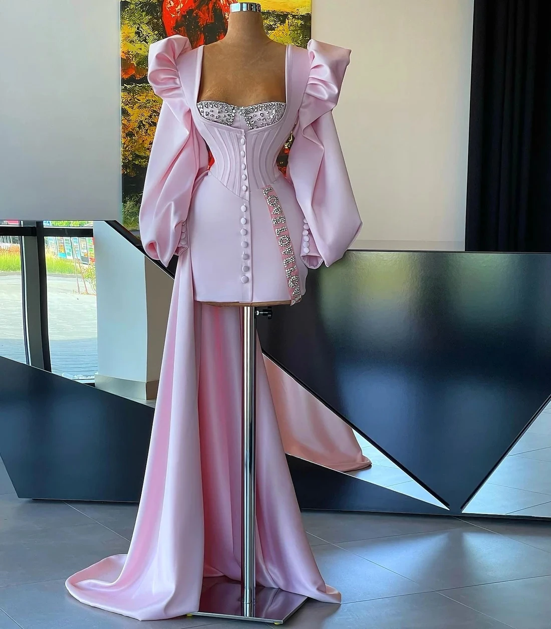 

Pink Haute Couture Prom Dresses Sheath Sweetheart Beaded Short Saudi Arabia Dubai Robe De Soiree Evening Dress Gown