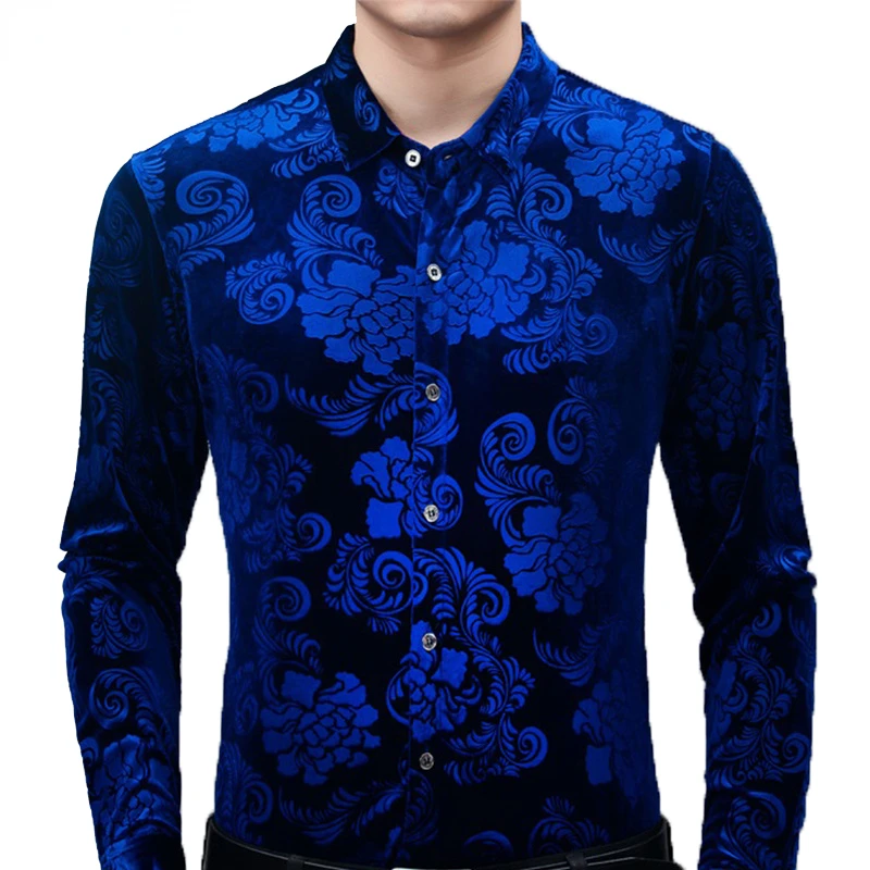 Royal Blue Velvet Velour Shirt Men 2022 Spring New Slim Fit Long Sleeve