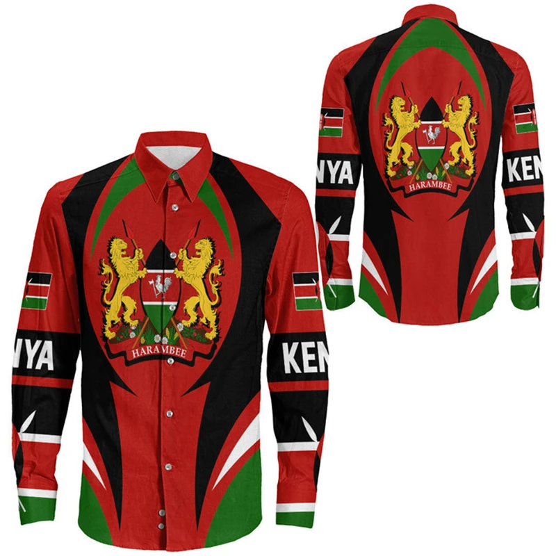 

Kenya Map Flag 3D Printed Long Sleeve Shirts For Men Clothes National Emblem Shirt Casual Africa Country Blouses Lapel Blouse