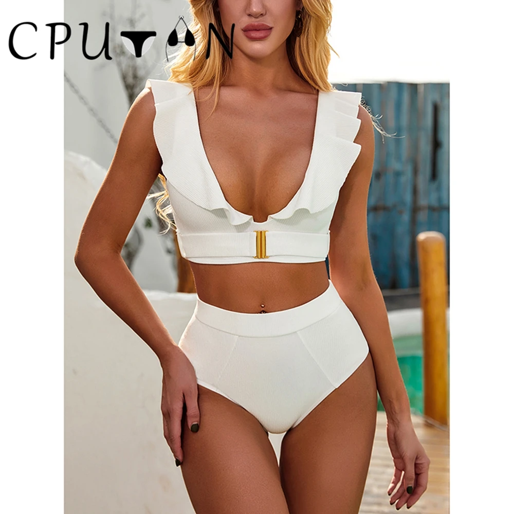 

CPUTAN 2024 Ruffle Swimwear Push Up High Waist Bikini Set Swimsuit Retro White Summer Brazilian Biquini Bathing Suit Beachwear