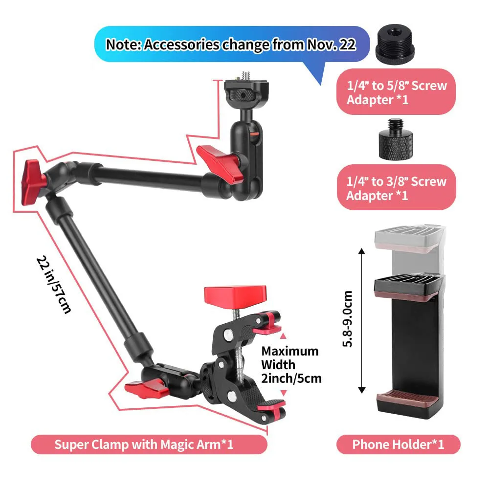 Magic Arm 22 inch 57cm adjustable magic arm with super clip camera bracket hinged arm friction 1/4 inch