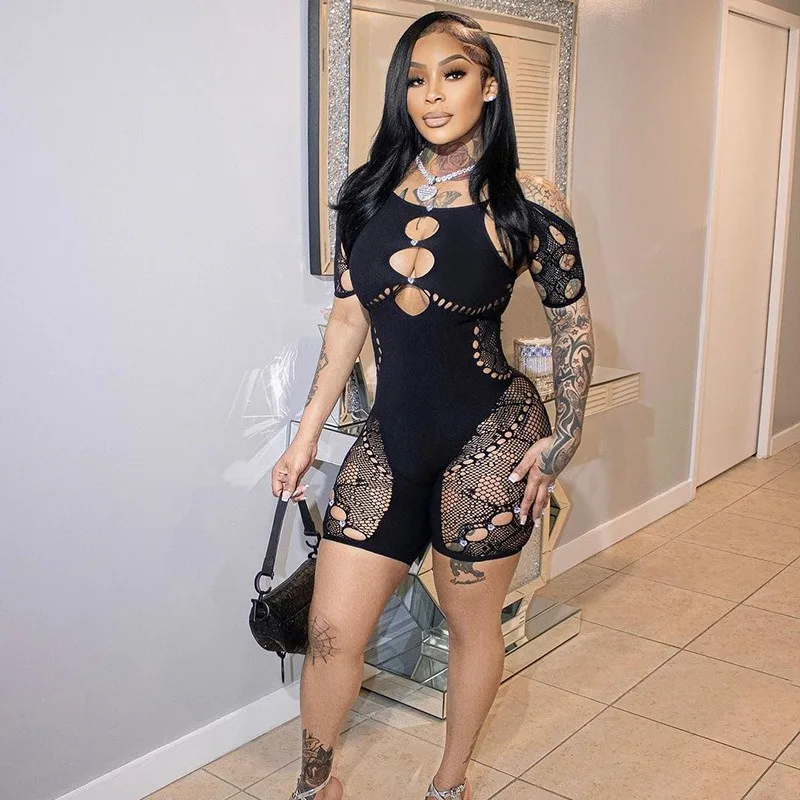 

Solid Hollow Out Sheer Diamonds Slim Rompers Women Autumn Halter Lace Up Short Sleeve High Waist Skinny Y2k Playsuits Clubwear