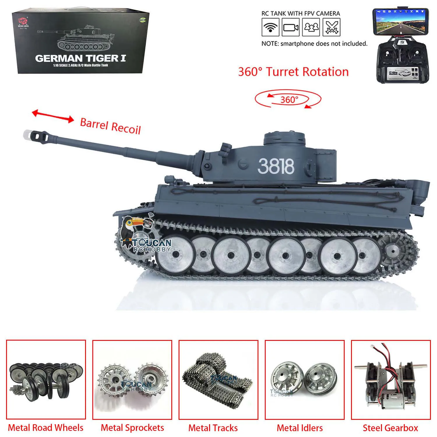 헹롱 1/16 무선 조종 탱크 7.0 타이거 I RC 탱크 3818 FPV 카메라 배럴 리코일 메탈 휠 모델 장난감 TH17245