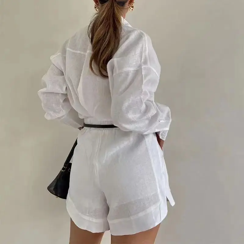 2024 Spring Casual Female Outfits Women White Blue Lapel Button Shirts Solid Lapel Long Sleeve Shirt Shorts Suits Single Breaste