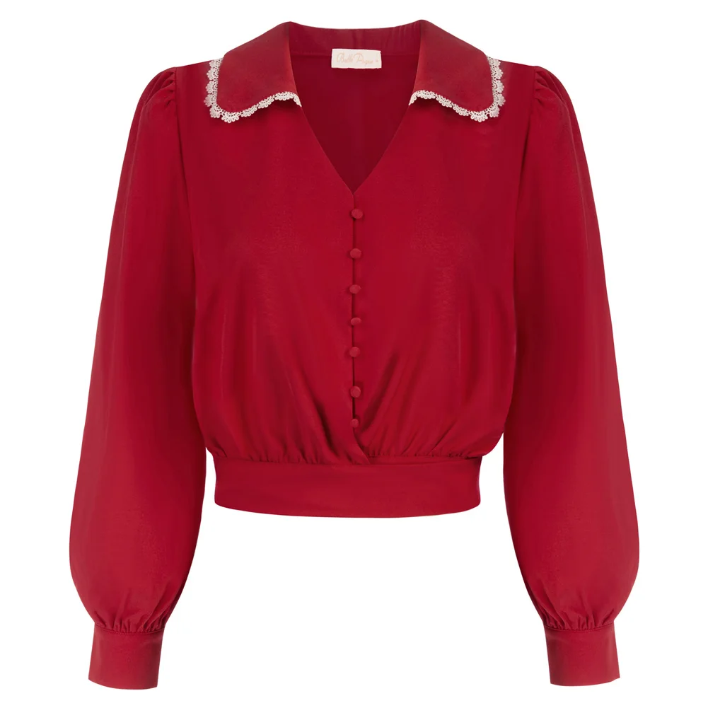 BP Women Vintage Cropped Shirt Summer Solid Long Lantern Sleeve Blouse Lapel V-Neck Button-up Tie Hem Tops Office Lady Workwear