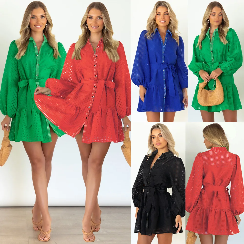 

2023 Spring Summer Fashion Sexy Perspective Mini Dress Women's Two-piece Casual Lantern Sleeve Single Breasted Black Green Dress