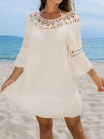 Sexy Hollow Out Beach Dress Women Hand Hook Stitching Crochet Swimsuit Cover Up Vestidos Female Bathing Suit Cover-Up Mini Dress - Image 3