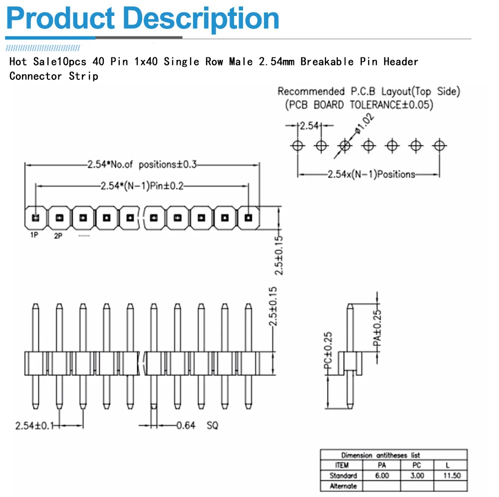 10 teile/los Heißer Verkauf 40 Pin 1x40 Einreihige Stecker 2,54mm Zerbrechliche Pin Header Stecker Streifen – Detail 2
