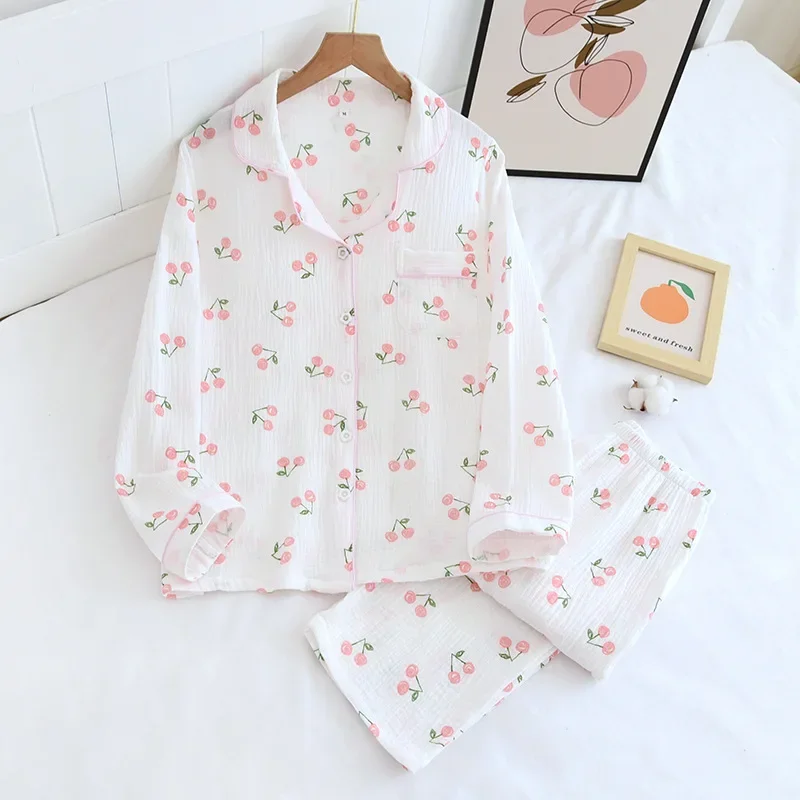 

Autumn and Winter Fall Full Sleeve Homewear Loose 2Pcs Pajama Set 100% Gauze Cotton Casual Print Sleeping Shirt Home Wear