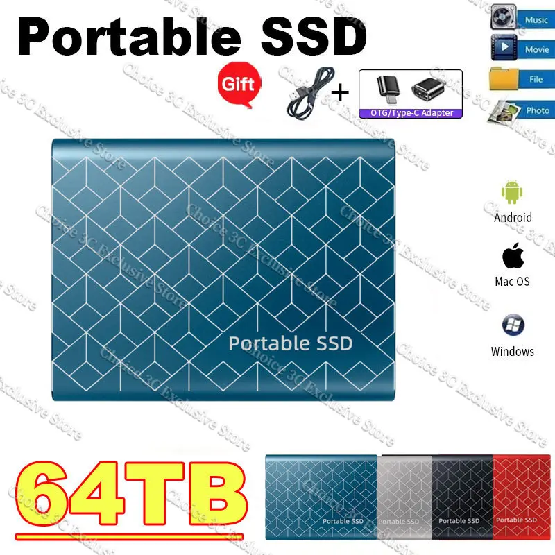 

Portable SSD 1TB/2TB External Solid State Drive USB3.0/Type-C Hard Disk 64TB High-Speed Storage Device For Laptops/Desktop/Phone