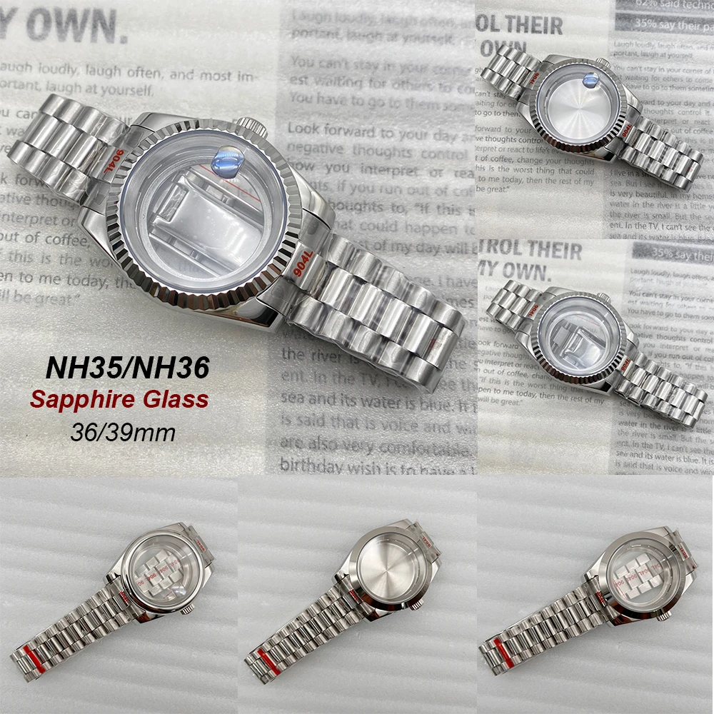 

36/39mm Date just Watch case Sapphire Glass Stainless Steel President Bracelet Suitable For NH35/NH36 Movement Watch Accessories