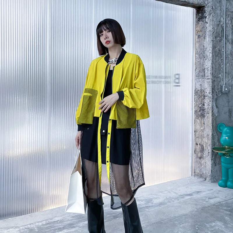 

Harajuku Style Mesh Patchwork Women Trench Coat Streetwear 2022 New Spring Autumn Baseball Coat Loose Long Windbreaker Jacket