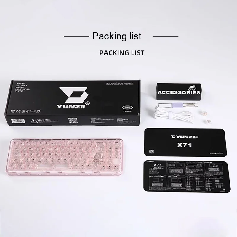 Yunzii X71 화이트 68% 레이아웃 무선 Bt/2.4g/USB-C 개스킷, 핫스왑 투명 RGB 기계식 게이밍 키보드, 클리어 키캡 포함