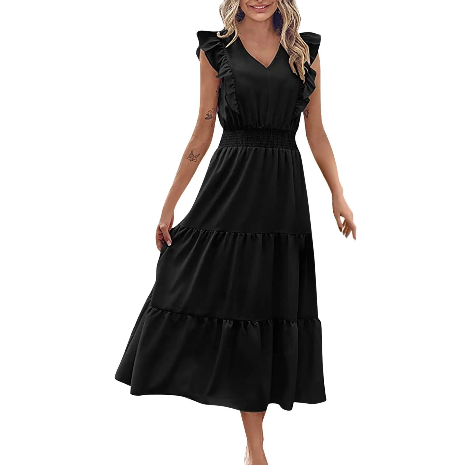 

Women's Casual Soild Color Summer Dress Sleeveless Ruffles V-neck Loose Long Dress vestidos elegantes feminino ropa de mujer