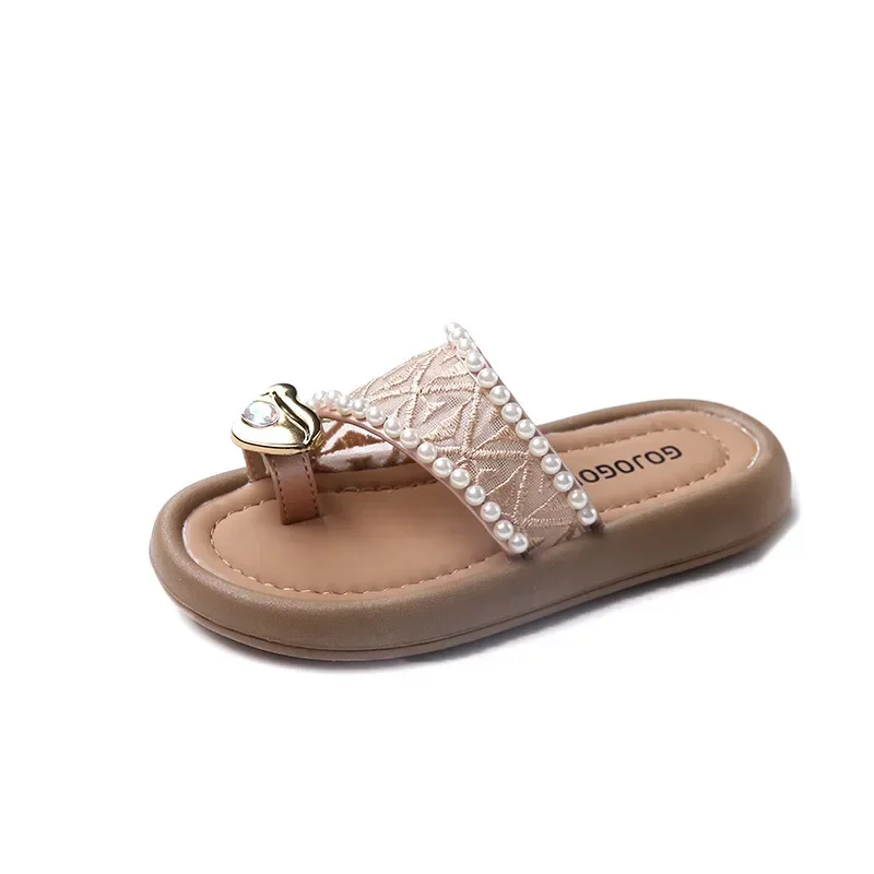 Summer Children Fashion Girls Slippers Sweet Pearl Elegant Princess Shoes Versatile Soft Kids Home Flip-flops Open-toe Slippers