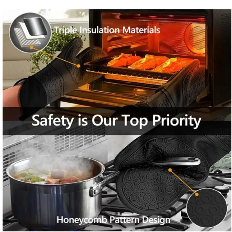 1Pcs Long Silicone Gloves With Cotton Waterproof Kitchen Microwave Mittens Gloves Cooking Bbq Heat-Resistant Oven Mitts