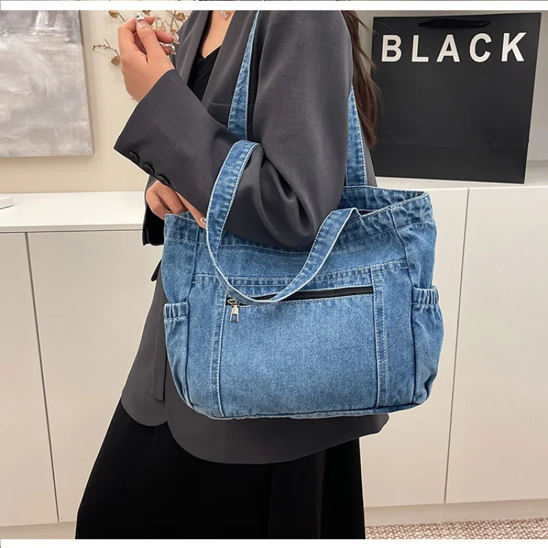 Women's Denim Tote Bag New Solid Color Large Capacity Casual Book Bag Fashion Single Shoulder Handbag Commuter Bag
