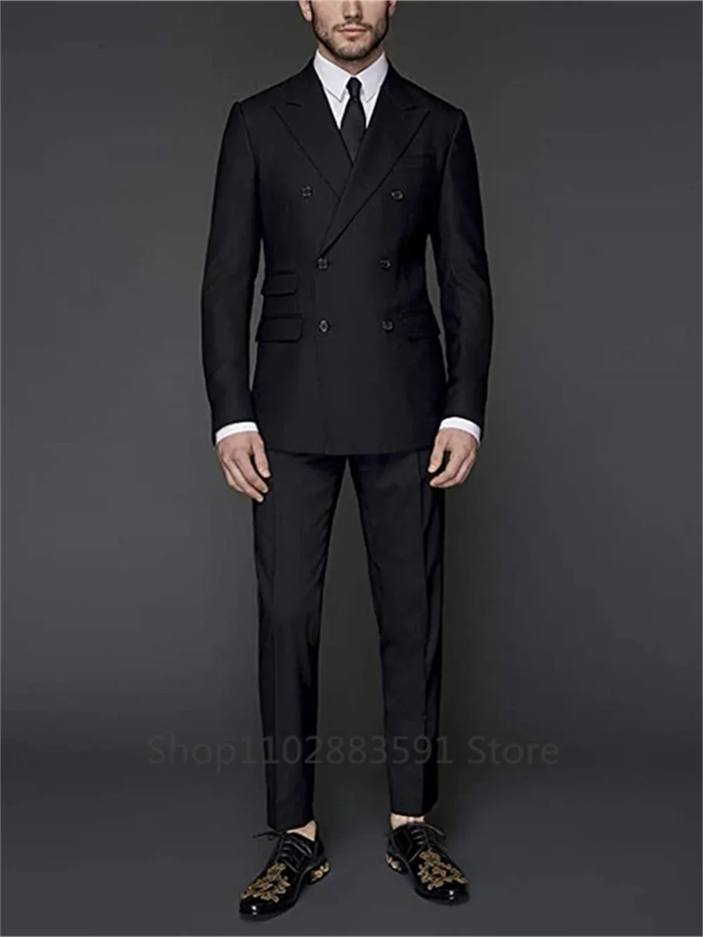 2 Pieces Fashion Peak Lapel Black Men Wedding Prom Dress SuitsDouble Breasted 2 Slits Men Suits Groom Party Tuxedo Set