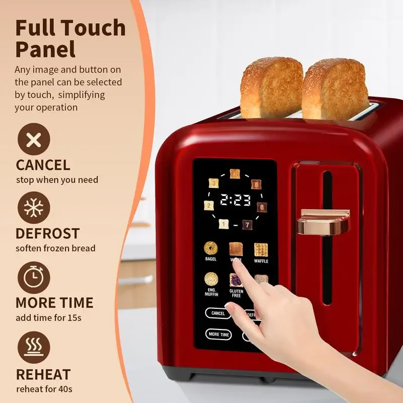 Stainless Toaster LCD Display&Touch Button,Toaster 2 Slice, 50% Faster Heating Speed, 1.4'' Wide , 4 Basic+More Timer Functions
