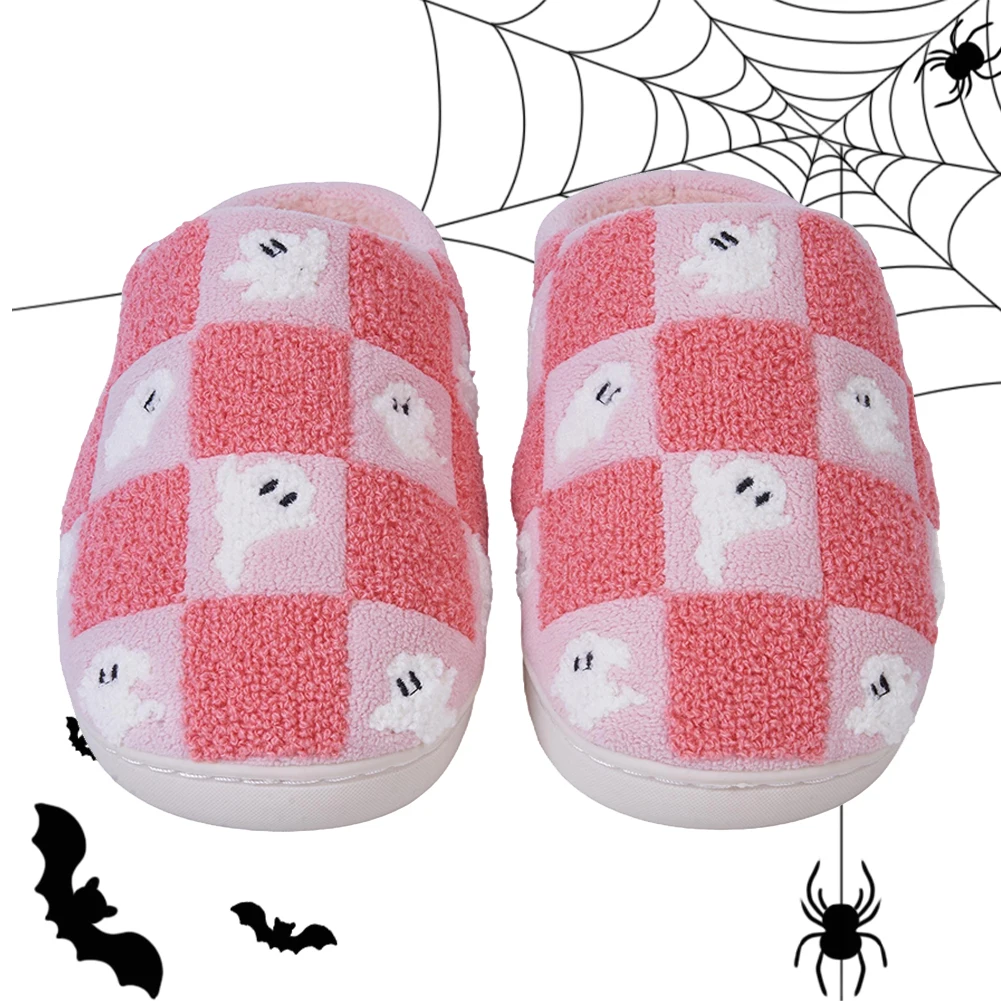 Ghost Checkered Plush Slippers Halloween Warm Flat Shoes Comfortable Thermal Closed Toe Slippers Non-Slip Soft Fluffy Shoes