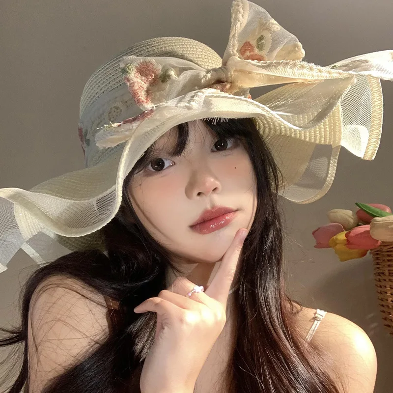 

Korean Version of Summer Wavy Edge Lace Bow Straw Hat Women's Big Brim Sunshade Seaside Vacation Breathable Sun Hats 여름모자