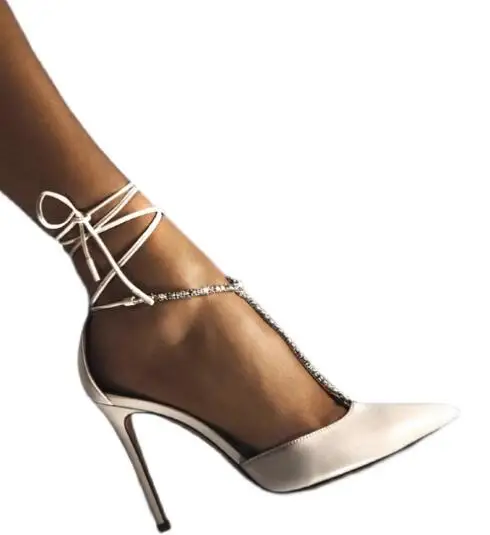 

Moraima Snc Summer Pointed Toe High Heel Shoes Women T-strap Rhinestones Party Dress Shoes Lace-up Wedding Heels Black White