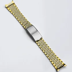 Curved End Solid Stainless Steel Watch Band - Vintage Retro Link Beads Bracelet Strap - 19mm (Sliver and Gold)