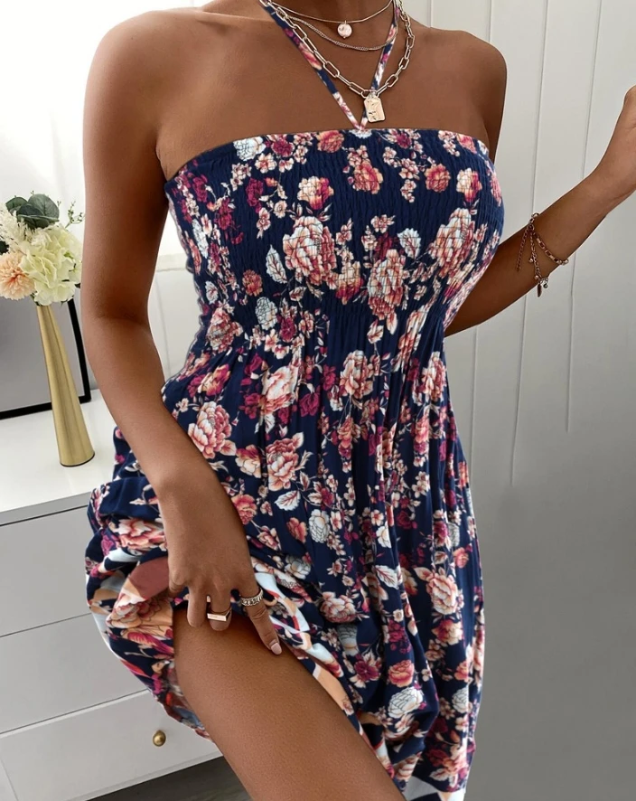 

Womens Dress Elegant Casual 24 Summer Fashion Vintage Boho Floral Print Shirred Tied Detail Halter Sleeveless A Line Mini Dress