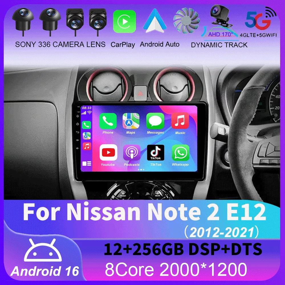 Radio para Auto con Carplay, 4G+WIFI, GPS, Navegación, Reproductor Multimedia, Video, Estéreo, BT, Android 16 para Nissan Note 2 E12 2012-2021