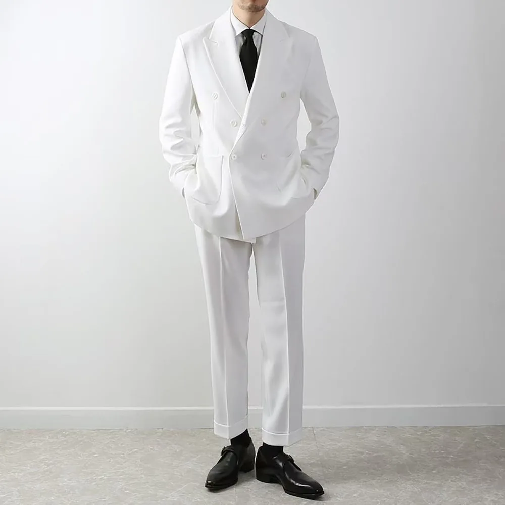 

White Wedding Double Breasted Men's Suits Loose Peaked Lapel Regular Length 2 Piece Jacket Pants Customized Ropa Hombre Costume