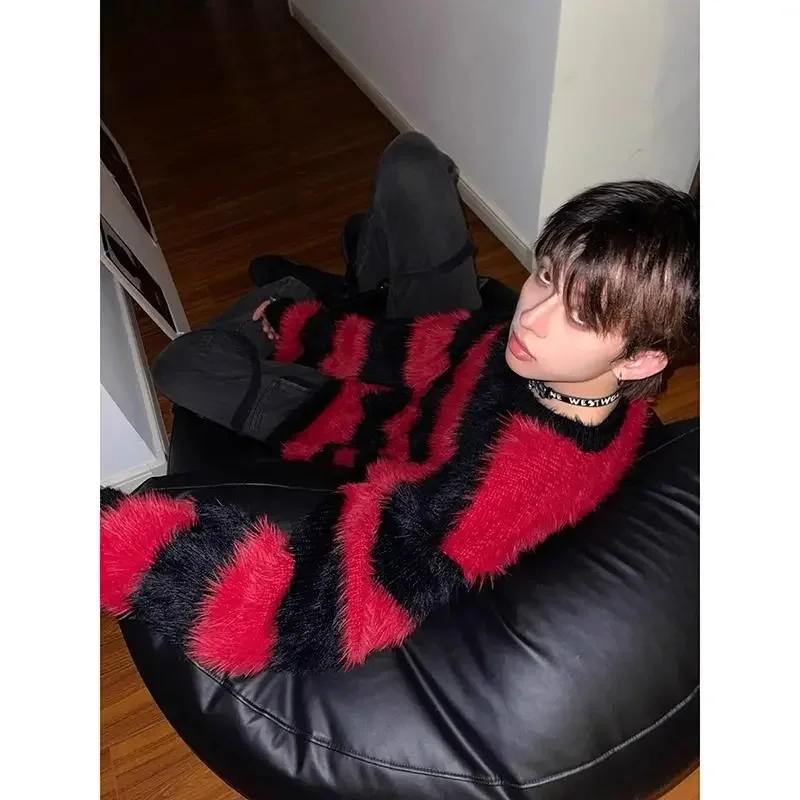 Vintage Pullover Black Red Contrast Striped Sweater Fashion
