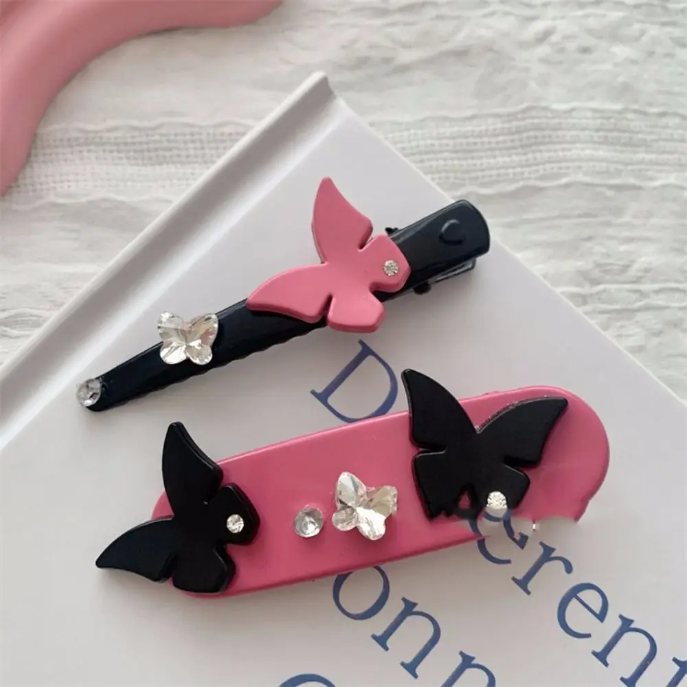 

Korean Sweet Rhinestone Butterfly Hair Clip Y2K Duckbill Clip Cute Pink Color Bangs Clip Personality Headwear Hair Accessories