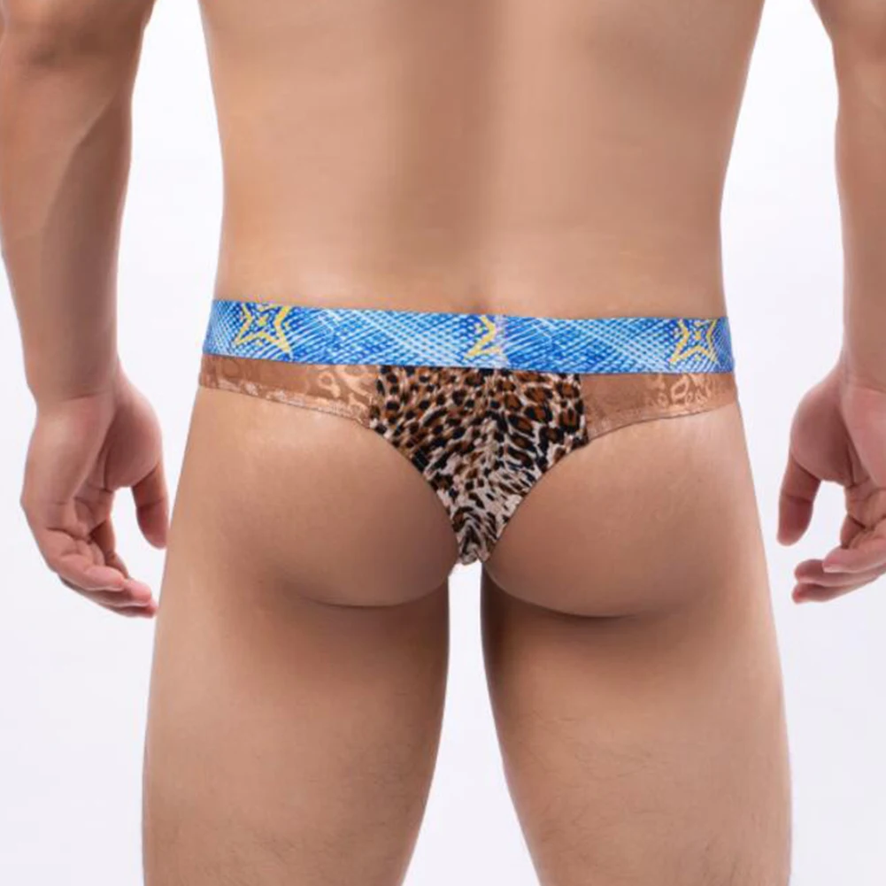

Men Sexy Leopard Briefs Bulge Pouch Underwear T-back Thongs Male Printed Underpants Low Waist Panties Man Bikini Trunks G-String