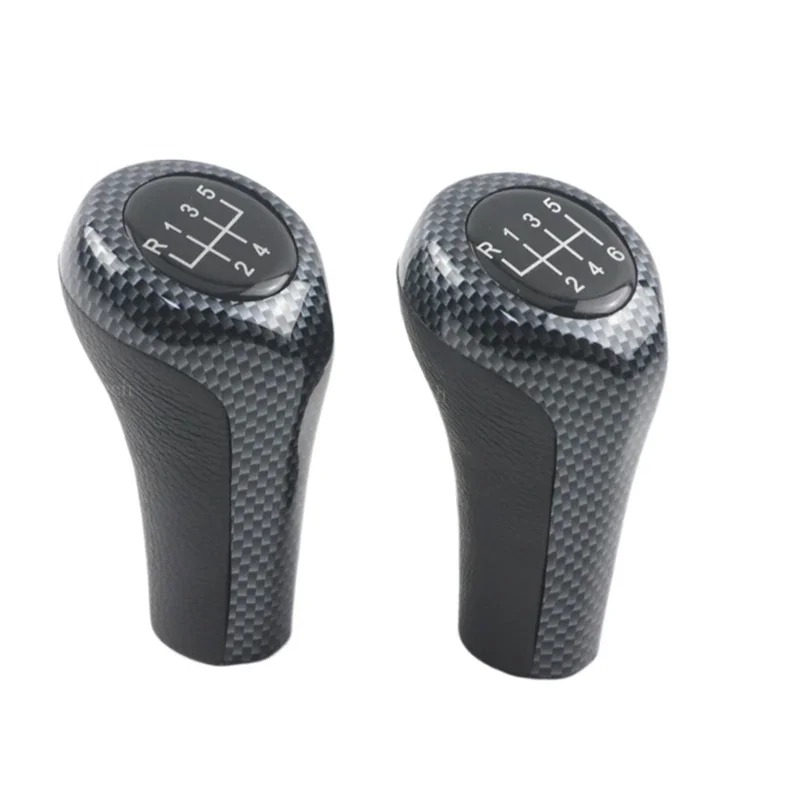 Carbon Look Leather Gear Shift Knob - Silver, 5/6 Speed Car Shifter