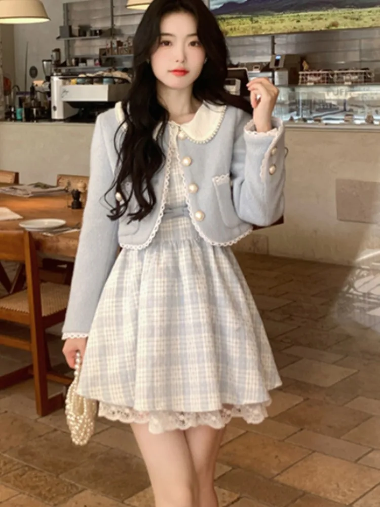 

Women Vintage Blue Plaid Dress Lace Kawaii Elegant Party Mini Dress Female Bow Korean Sweet Strap Dress Spring Autumn 2023