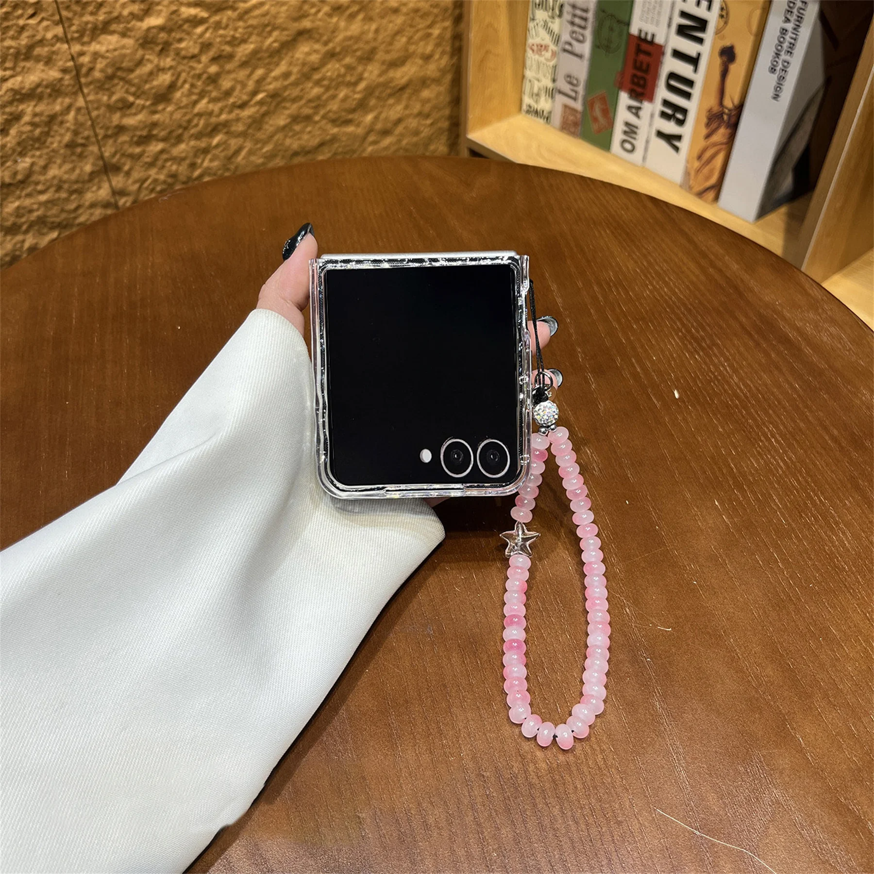 Korean Floral Flowers Transparent Phone Case with Pink Bead Chain