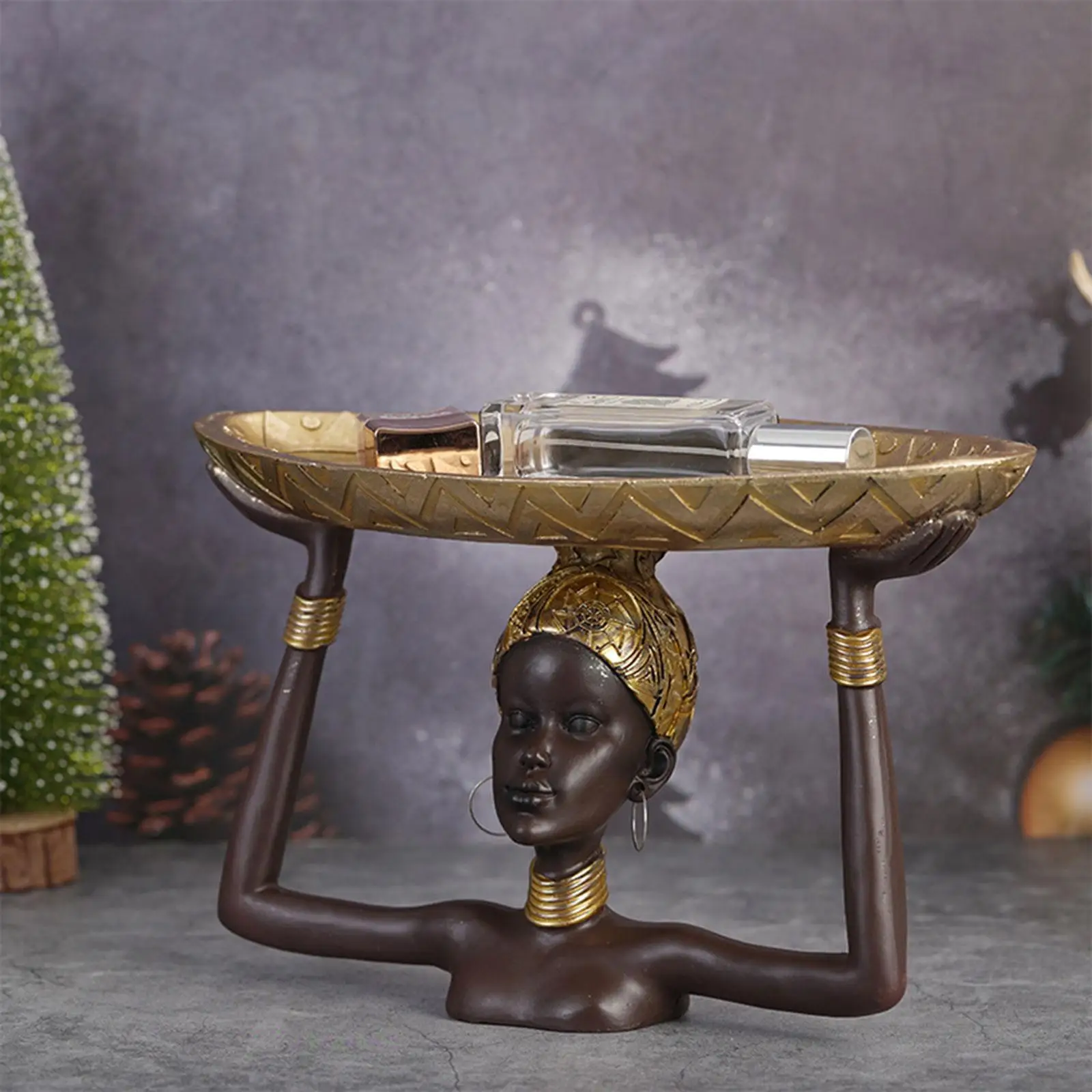 Tribal Lady Statue Tray, African Collectible Modern Decor Table Centerpieces,