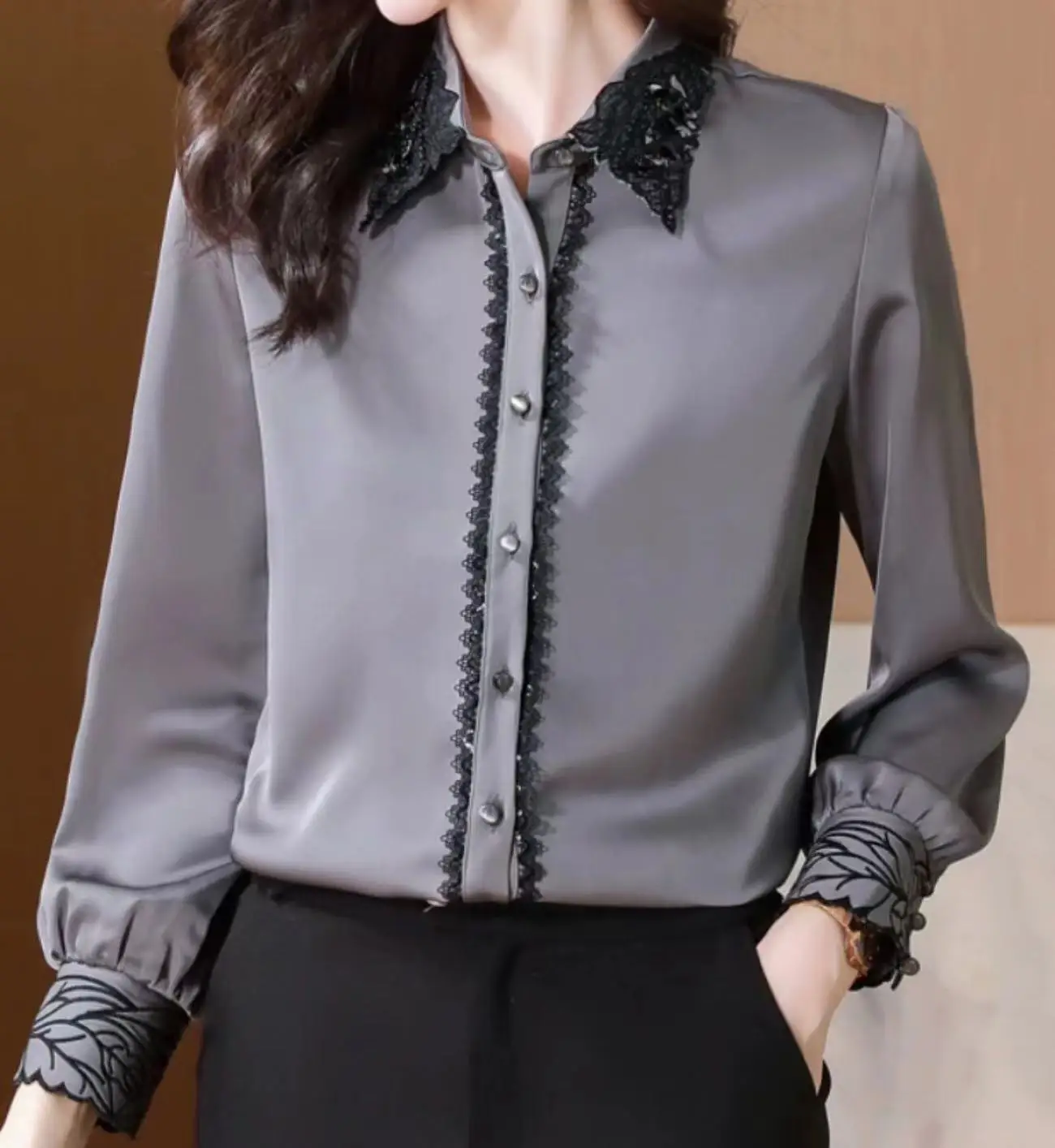 

Professional Office Lady Elegant Shirt Women's Autumn Embroidered Blouse Gray Acetate Satin Top Women's Clothes 2023