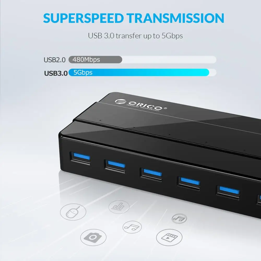 ORICO 7-Port High-Speed USB 3.0 Hub with Power Adapter